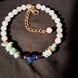 Handmade Blue Glass Beaded Bracelet, Memory Wire With Extender